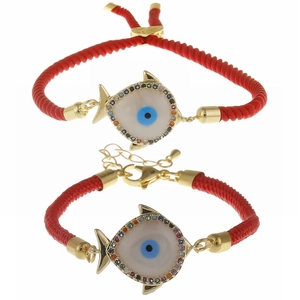 Evil Eye Fish Pendant Bracelet Copper Gold Plated Colorful Zircon Adjustable Braided String Hand Jewelry