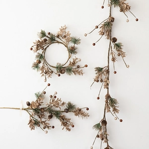 Champagne gold Christmas wreath, garland and pick set with pine cones and berries