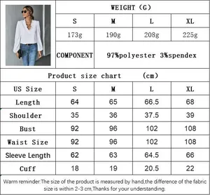 Detaillierte Größentabelle und Materialzusammensetzung für die V-Ausschnitt Bluse