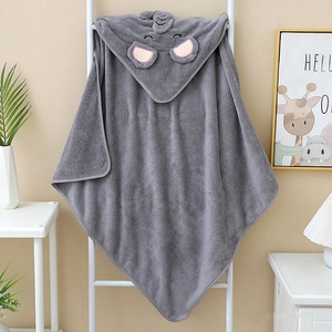 Grey elephant hooded baby towel in soft coral fleece with cute animal embroidery