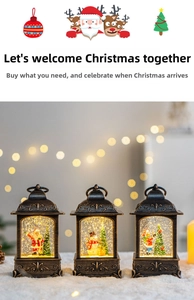 Christmas snow globe lantern detail view with festive figurines and warm cozy holiday lighting.
