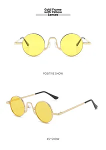 Front and side view of small round gold frame sunglasses with bright yellow lenses
