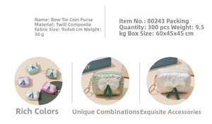 Detailed view of the 9x4x6cm bow coin purse with gold keychain in various pastel colors