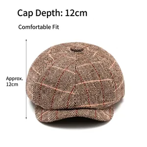 Béret rétro à chevrons marron avec carreaux orange et profondeur de bonnet 12 cm