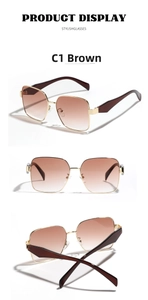 Multi-angle view of square metal sunglasses with brown gradient lenses and gold frames