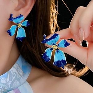 Vintage Blue Flower Stud Earrings Enamel Glaze Alloy With Silver Earring Post Luxury Floral Jewelry For Women