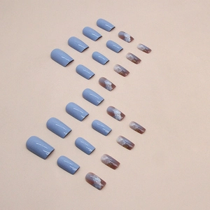 Morandi blue press-on nails set with white marble texture and gold powder design