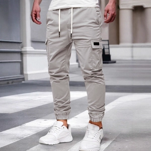 Men's slim-fit light grey cargo pants with multi-pockets and drawstring cuffs
