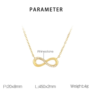 Detail view of gold infinity necklace with rhinestone specs and size parameters