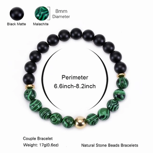 Malachite and matte black stone couple bracelet with 8mm beads and golden accents