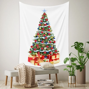 Detail of Christmas tree tapestry hanging above a cozy bench with holiday gift boxes