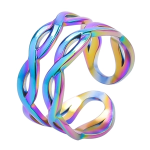 Close-up of rainbow gradient double-row woven texture ring with open adjustable band