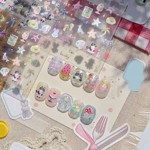 5D Embossed Nail Art Stickers Summer Beach Kitten Theme Relief Self Adhesive Cute Manicure Decals DIY Decor