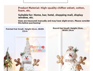 Detail view of plush snowman dolls with pointed and round hats for Christmas decor