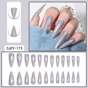 Uñas postizas stiletto largas con acabado de purpurina láser holográfica plateada