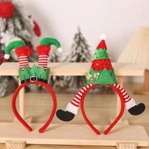 Festive Christmas headband set featuring elf legs and sequined hats on wooden display