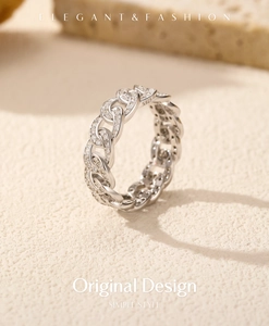Macro view of S925 sterling silver chain ring with pave-set shimmering crystals