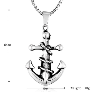 Vintage silver pirate anchor pendant in titanium steel with skull relief and box chain