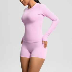 Close-up of lavender high-stretch sports fabric for long-sleeve top and yoga shorts set
