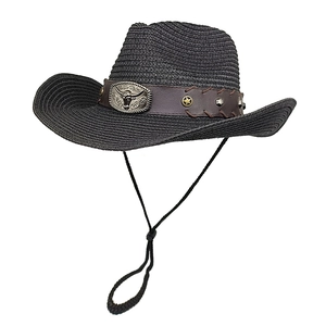 Classic black Western cowboy straw hat featuring vintage bull head metal buckle and star studs