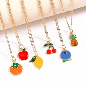 Fruit pendant necklace set featuring strawberry, lemon, and cherry on golden chains