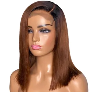 Long brown ombre bob wig with dark roots and lace front design for women