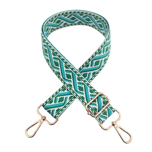 Detail of 3.8cm jacquard wide shoulder strap with gold metal swivel hooks and buckle