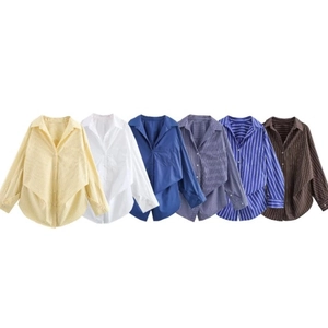 Chemisier Femme Ample En Popeline Polyester Manches Longues Rayé Boutonné Décontracté Bureau Mode Haut