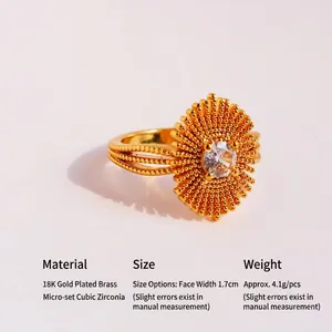 Retro sunflower copper ring gold plated with micro-inlaid zircon for women fashion