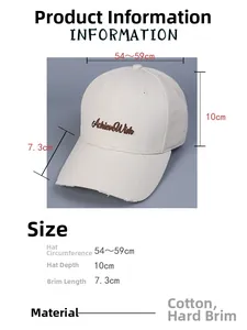 Size chart for cotton baseball cap featuring circumference, depth and brim length data
