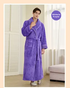 Detail of wisteria purple mens flannel hooded bathrobe with white trim and waist belt