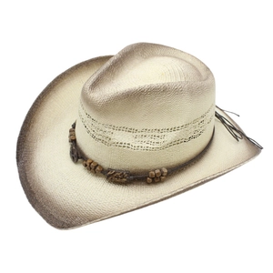 Detailed weave pattern and rustic wooden beads on an ivory straw cowboy hat