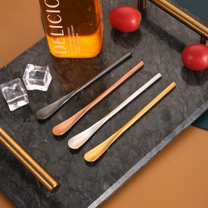 Set of four 304 stainless steel long handle mixing spoons in gold, silver, and black