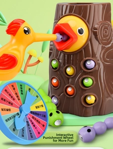 Detail of magnetic woodpecker toy with colorful worms and interactive game turntable