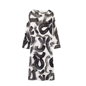 Abstract Brushstroke Print Maxi Dress Long Sleeve Crew Neck Loose Fit Polyester Black And White Elegant