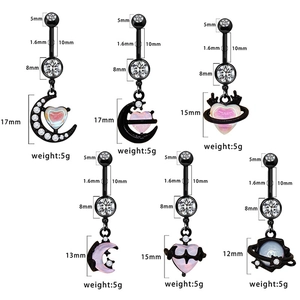 Detailed size chart of black moon and heart belly rings with opal accents