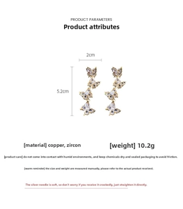 Detailed size chart for gold butterfly tassel earrings with zircon and silver pins