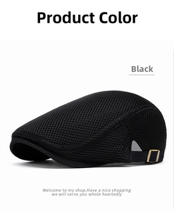 Close-up of the breathable black mesh fabric and metal adjustment buckle on the flat cap