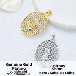 Detailed view of hollow Virgin Mary pendants with pavé zircon and real gold plating