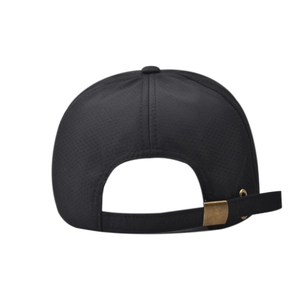 Detail view of the breathable fabric and adjustable bronze buckle on black outdoor cap
