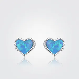Blue Heart Shaped Synthetic Opal Stud Earrings With 925 Sterling Silver And Cubic Zirconia Elegant Fine Jewelry For Women