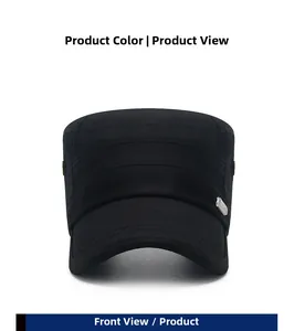 Front view of black cotton cadet cap with metallic tag and curved brim detail