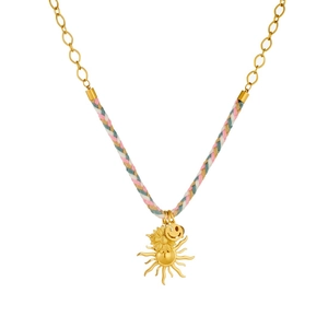 Golden sunflower pendant necklace with colorful woven rope and smiley face sun charm