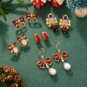French Retro Bowknot Artificial Pearl Earrings With 925 Sterling Silver Earring Post Red Enamel Rose Flower Vintage Women Jewelry