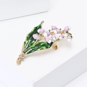 Exquisite enamel lily of the valley brooch with rhinestones and gold finish for suits