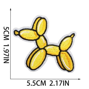 Detailed view of yellow balloon dog embroidery patch with precise size measurements