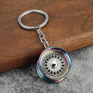 Car modified BBS style wheel hub keychain with iridescent rainbow electroplating finish