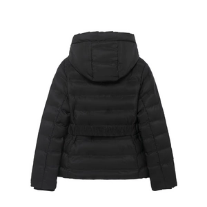 Back view of a black hooded quilted jacket featuring a slim waist and waterproof fabric