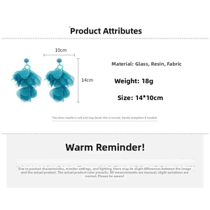 Detail showing blue fabric flower earrings with size measurements and material specs