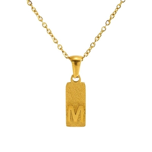 Gold stainless steel necklace with letter M rectangular pendant in a frosted matte finish